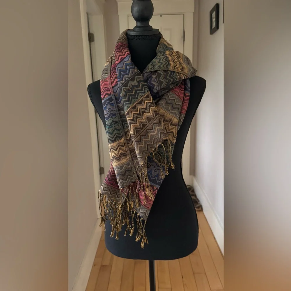 Pashmina shawl wrap scarf boho vibrant chevron pattern multicolor women OS‎